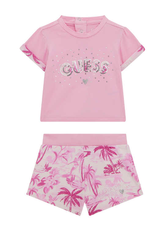 Set 2 Piese Tricou Roz cu Paiete si Pantaloni Scurti cu Imprimeu Palmieri A5GG13 K6YW4 G66G Guess