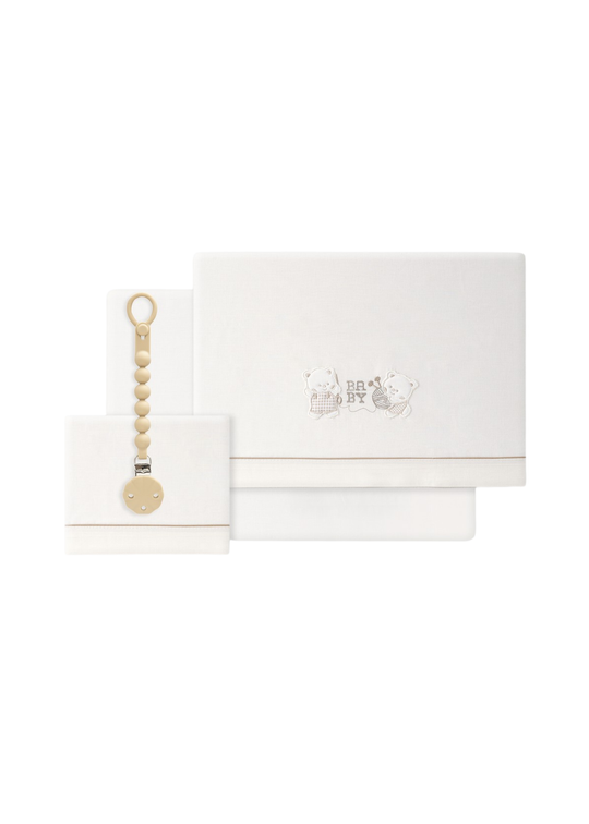 Set Lenjerie Patut 3 Piese Alba cu Ursuleti Bej 03340-05 – Interbaby