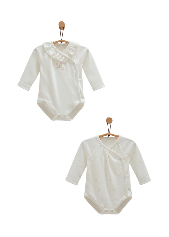 Set 2 Body cu Maneca Lunga Crem cu Broderie Flori BK1481 Mell Sweet Baby