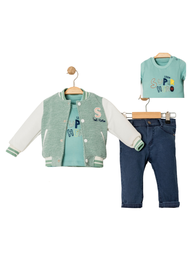 Set 3 Piese Jacheta Verde Menta Stofa si Maneci din Neopren Bluza Verde si Pantloni Denim Albastru 15014 Bebus