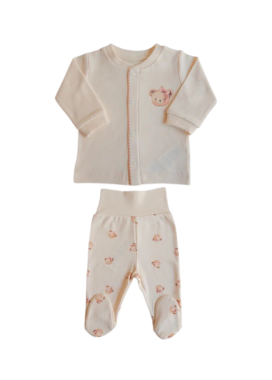 2-Piece Kit: Kitikate Beige Snap Blouse and Long Pants with Bears S60552