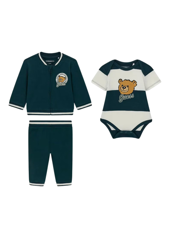 Set 3 Piese Bluza Sport cu Fermoar, Tricou si Pantaloni Verzi cu Urs pentru Baieti P6YG09 – Guess