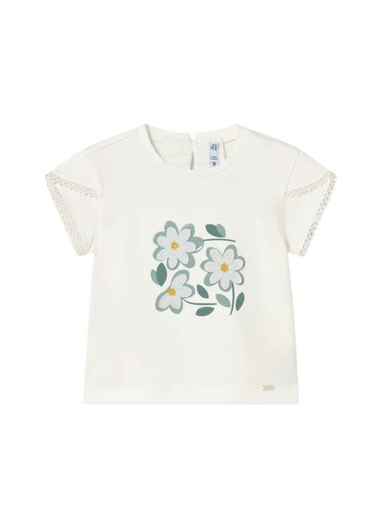 Ecru Short Sleeve T-Shirt with Green Flowers 1079 Mayoral