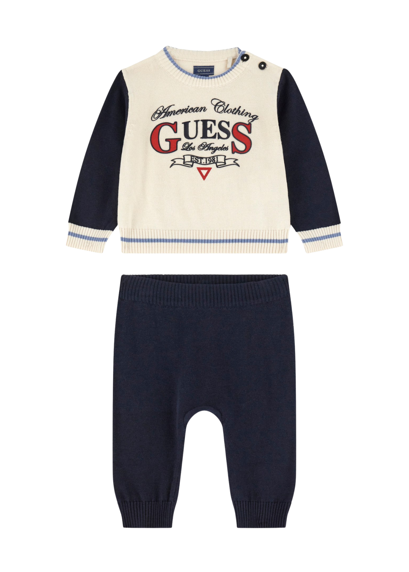 Set 2 Piese Tricotat Bluza si Pantaloni Lungi Gri cu Crem I5YG12 Z3KZ1 G9L9 Guess