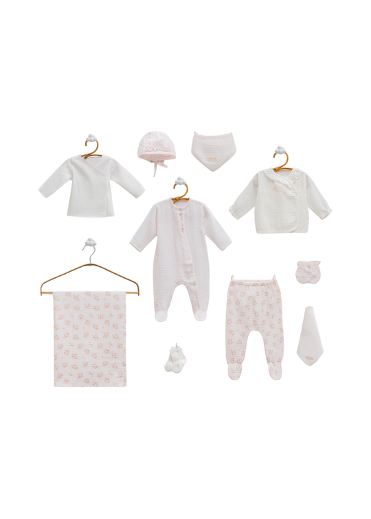 Set 10 Piese Maternitate Muselina Roz cu Flori ZK2423 Mell Sweet Baby