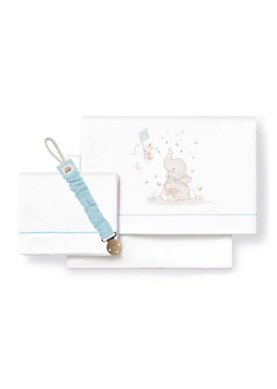 Set Lenjerie Patut 3 Piese Alb-Bleu cu Imprimeu Elefant si Zmeu 03244-11 Don Algodon