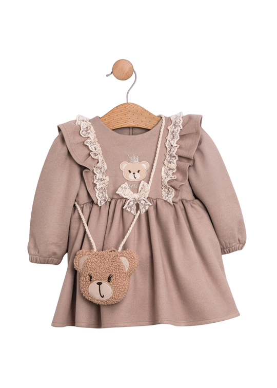 Rochie Stofa Bej cu Maneca Lunga si Geanta Ursulet 3737 Mino Baby