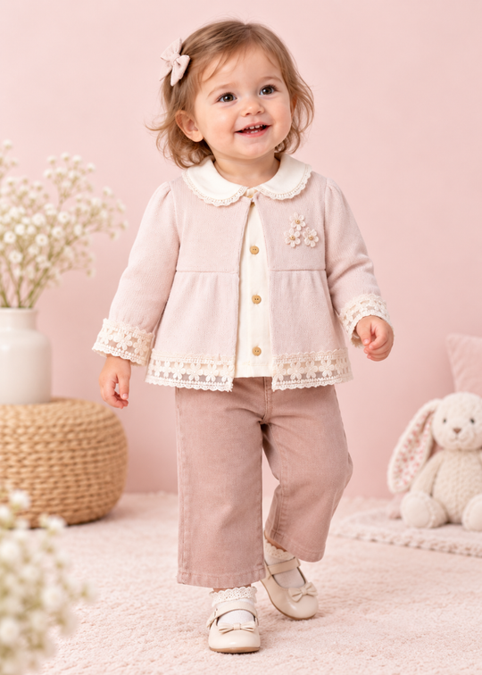 Set 3 Piese Cardigan Roz cu Bluza cu Guler si Pantaloni Roz Pudra 4631 – MyMio