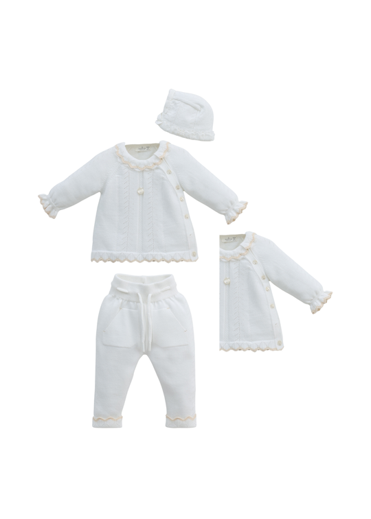 Set 3 Piese Tricotat Alb Bluza, Pantaloni si Caciula 8554 Leo King