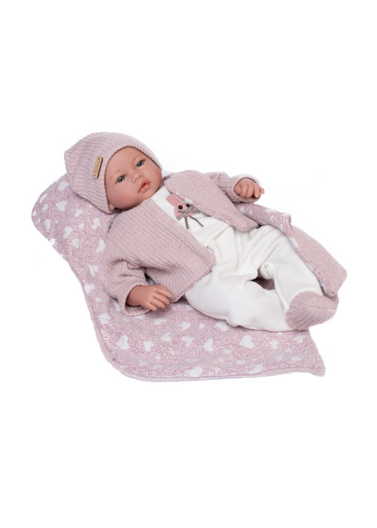Eva Doll 46 cm Vinyl Hairless with Mechanism with White Costume and Pink Cardigan 880 Guca