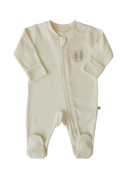 Salopeta Lunga Bumbac Organic Bej cu Fermoar si Buzunar pe Piept S57757 Kitikate