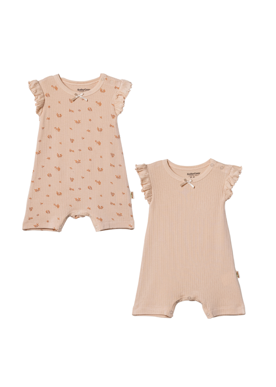 Set 2 Salopete Scurte Somon Imprimeu Bej Micromodal CSYM31137 Baby Cosy