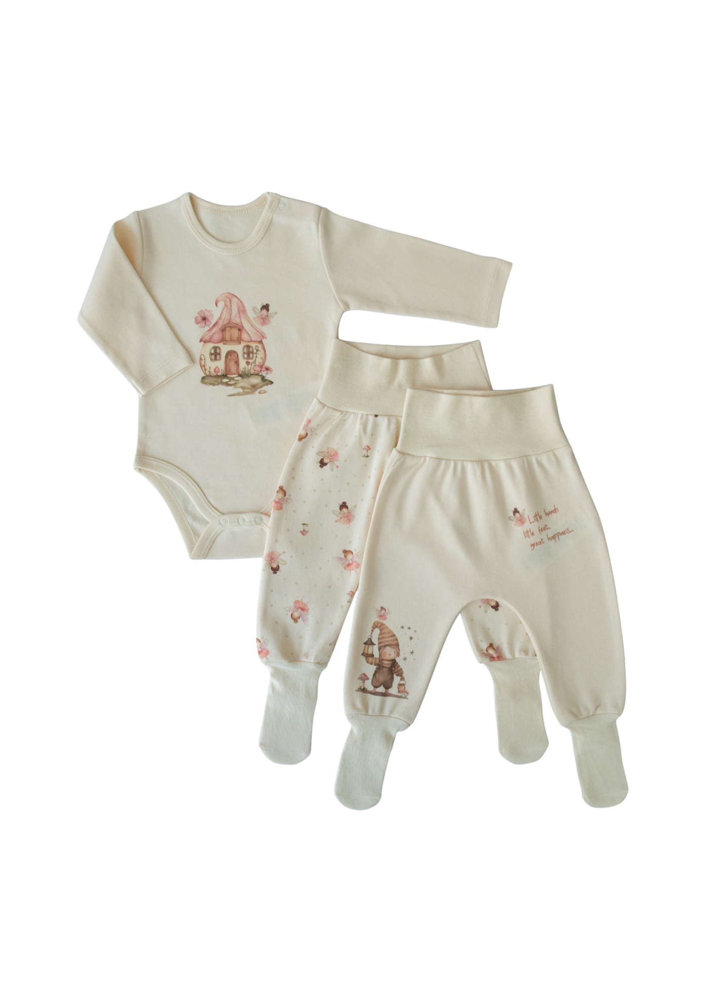 Set 3 Piese Bumbac Organic Bej cu Zane Body cu Maneca Lunga si 2 Perechi Pantaloni S60194 Kitikate