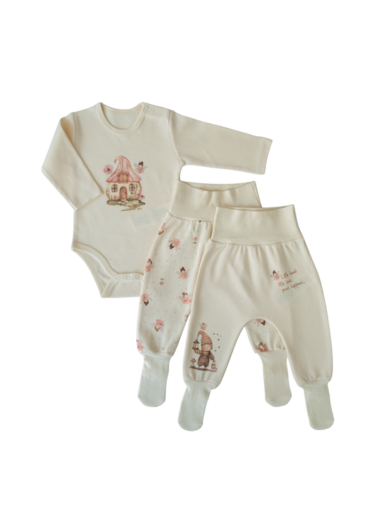 Set 3 Piese Bumbac Organic Bej cu Zane Body cu Maneca Lunga si 2 Perechi Pantaloni S60194 Kitikate