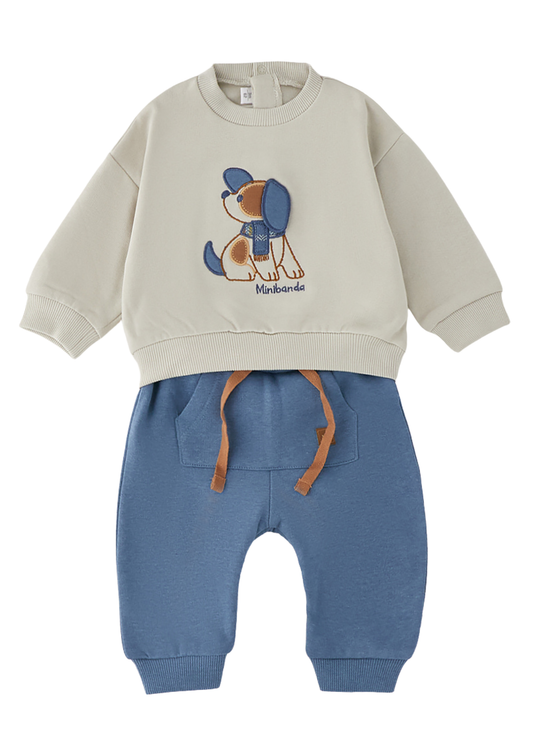 Set 2 Piese Bluza Bej cu Model Catel si Pantaloni Bleu pentru Baieti 663 – Minibanda