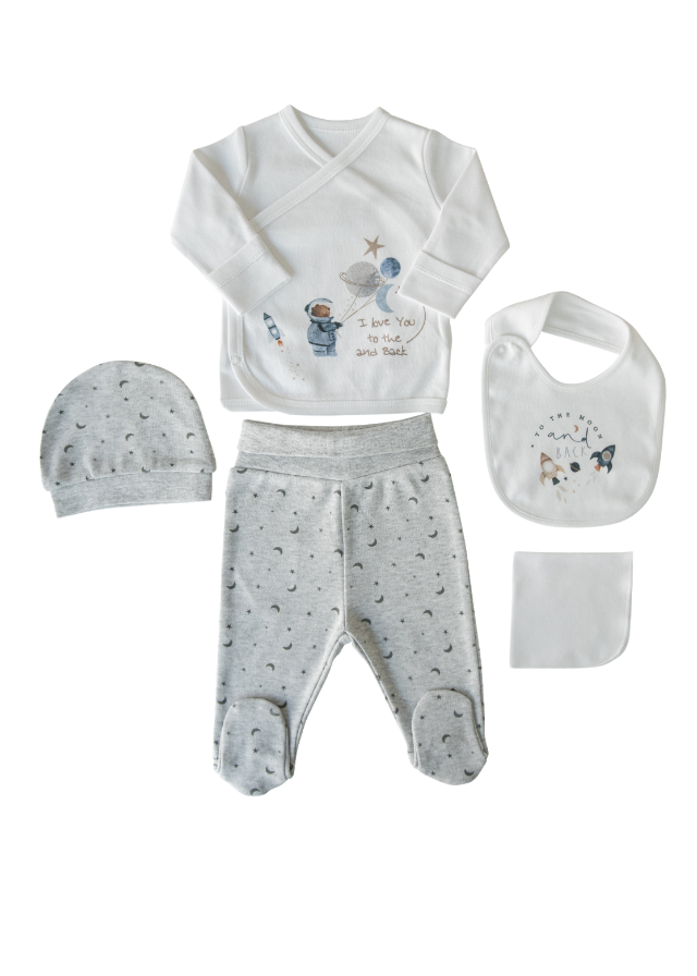 Set 5 Piese Nou Nascut Crem cu Gri cu Urs Astronaut din Bumbac Organic S42319 KitiKate