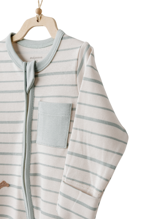 Salopeta Lunga Bej cu Dungi Verzi cu Dinozauri AC26004 Andywawa