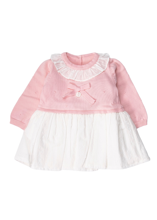 Rochie Tricotata Roz cu Guler Volan din Voal pentru Fetite TR466 – Bebetto