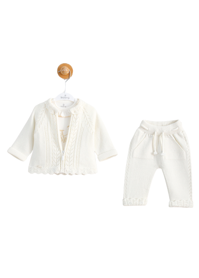 Set 3 Piese Crem Cardigan cu Fermoar si Pantaloni din Lana Merinos si Bluza din Bumbac 9586 Leo King