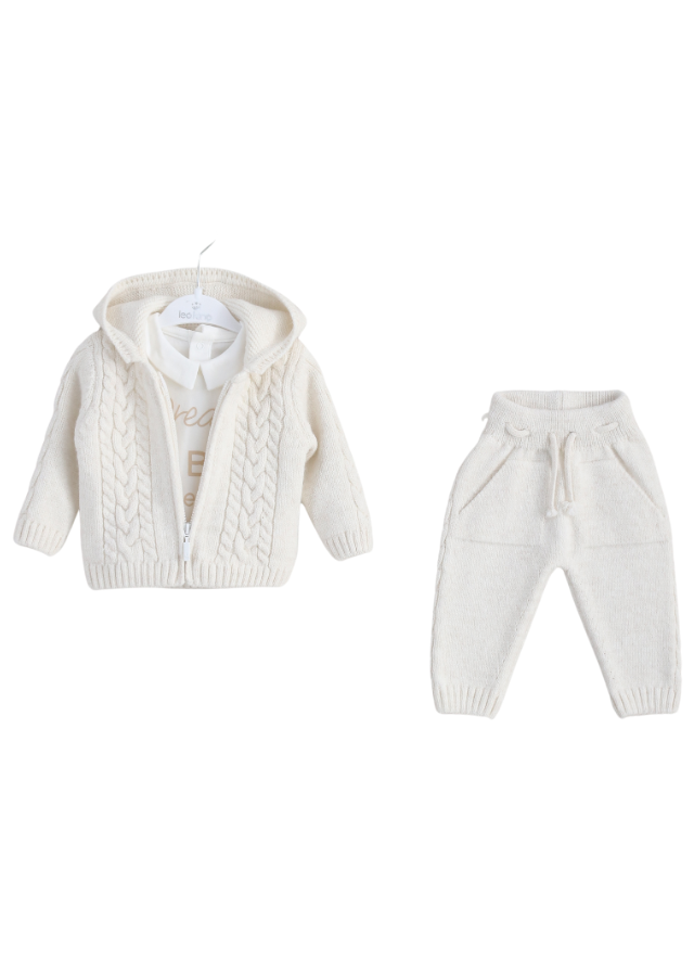 Set 3 Piese Crem Hanorac si Pantaloni Lana Merinos si Bluza din Bumbac 9580 Leo King