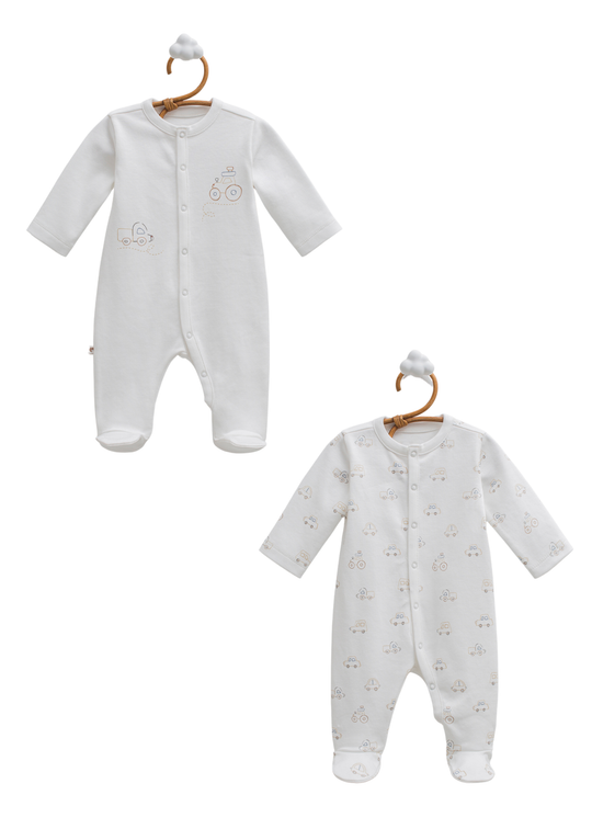 Set 2 Salopete Lungi Crem cu Masini First Car TE2218 Mell Sweet Baby