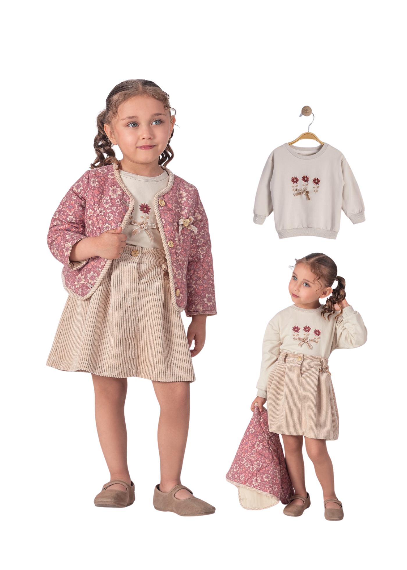 Set 3 Piese Bluza Bej Jacheta Bordo cu Imprimeu Flori si Fusta Reiat Bej 16455 Bebus