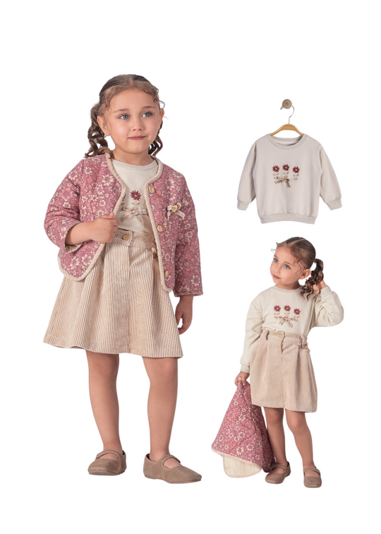 Set 3 Piese Bluza Bej Jacheta Bordo cu Imprimeu Flori si Fusta Reiat Bej 16455 Bebus
