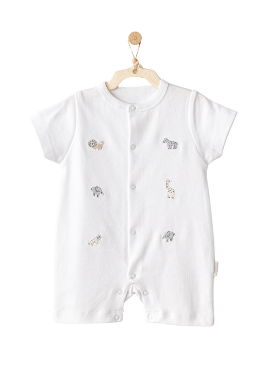 Salopeta Scurta Alba cu Broderie Animale Safari AC25805 Andywawa