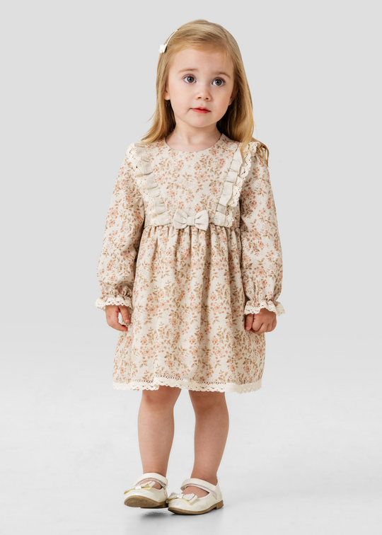 Rochie Bej cu Maneca Lunga Imprimeu Flori Portocalii din Bumbac cu In 4413 MyMio