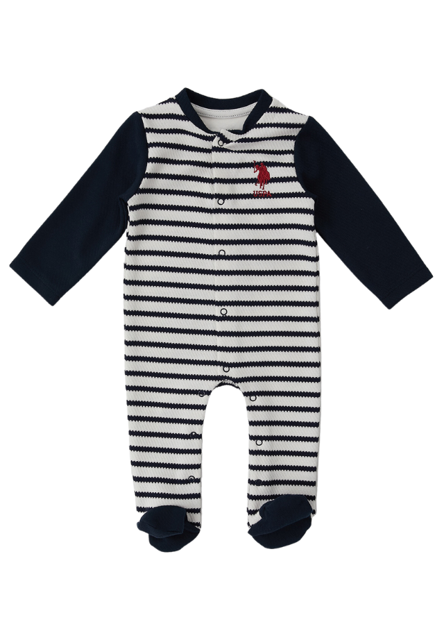 AnneBebe - Salopeta Lunga Alba cu Dungi Bleumarin pentru Baietei 1460 Us Polo Assn