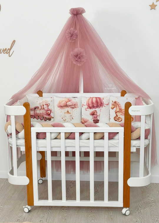 Set Lenjerie Patut 7 Piese Alba cu Fetita in Balon si Norisori  70x120 cm INGVART
