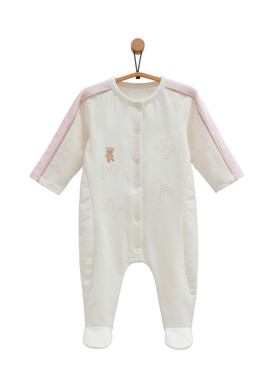 Salopeta Lunga Crem cu Dunga Bej cu Urs si Fermoar TK1397 Mell Sweet Baby