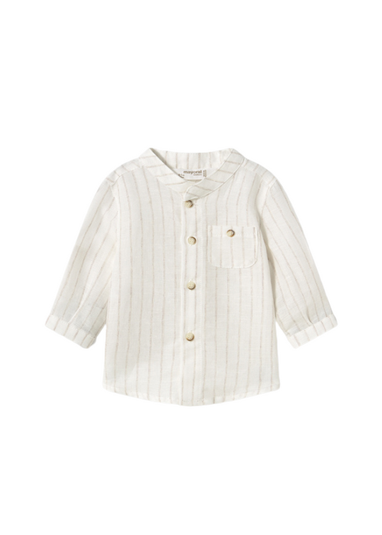 Cream Linen Blend Shirt with Long Sleeves and Tunic Collar with Beige Stripes 1103 Mayoral