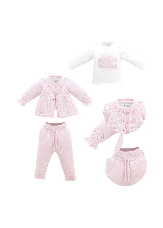 Set 3 Piese Cardigan si Pantaloni Tricotate Roz si Bluza din Bumbac 8556 Leo King