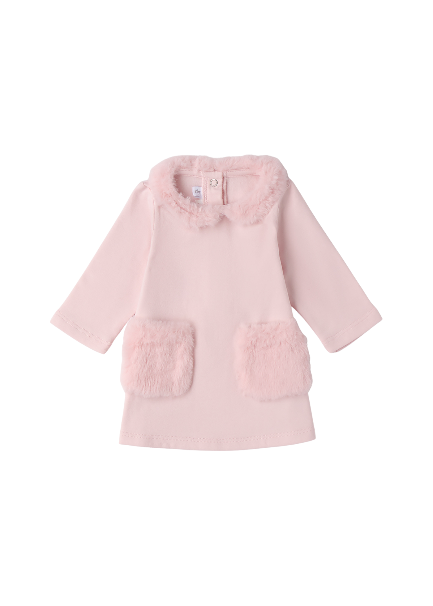 Rochie Roz cu Maneca Lunga cu Blana la Guler si Buzunare 3.F727/00 Minibanda