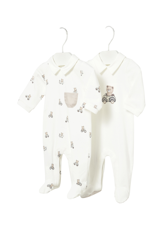 Set of 2 Cream and Beige Long Overalls with Bears 1716 Mayoral