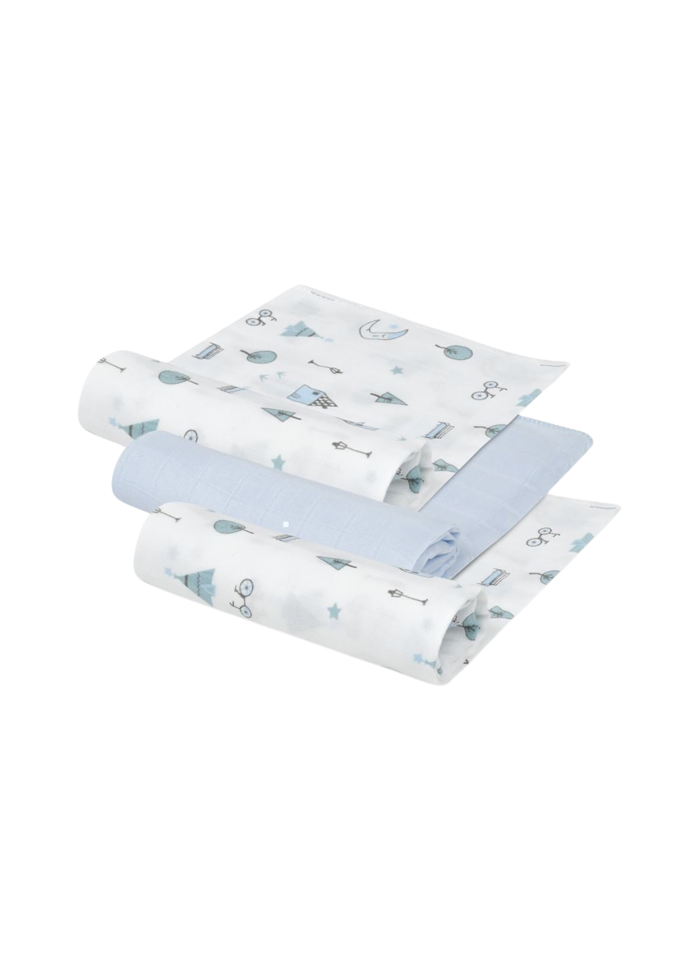 Set 3 Scutece Muselina Bambus Alb-Bleu Imprimeu Semiluna – 55x70 cm 98976-01 InterBaby
