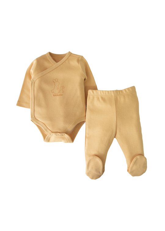Set 2 Piese Body cu Maneca Lunga si Pantalon Bej Bumbac Organic S80059 KitiKate
