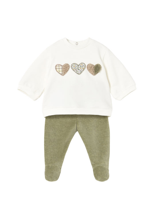 Set 2 Piese Bluza Crem cu Inimi si Pantaloni Verzi cu Botosei 2555 Mayoral