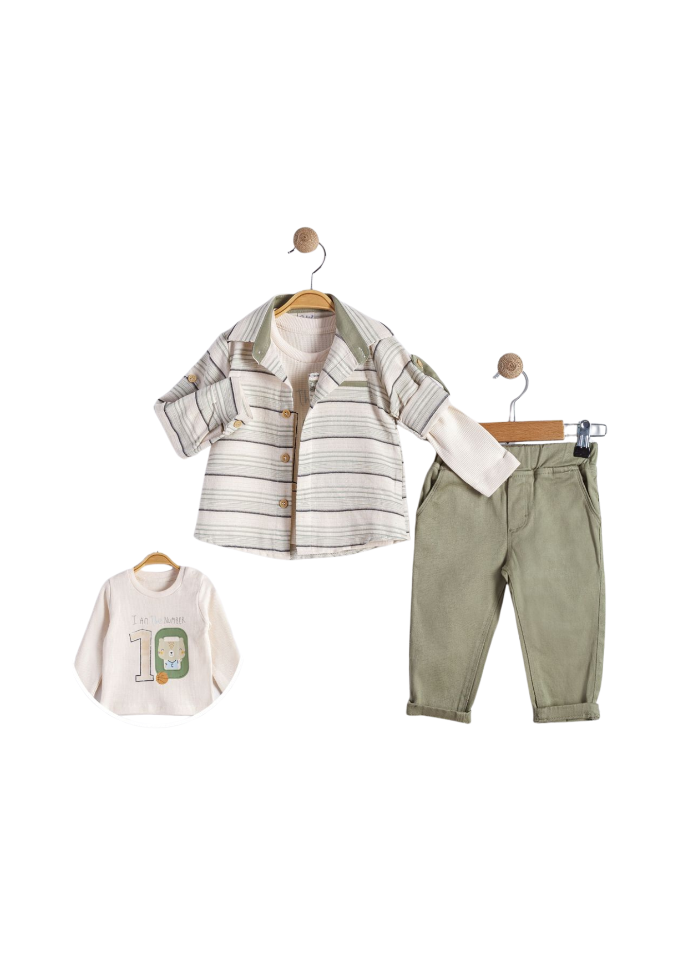 Set 3 Piese Camasa Crem Dungi Verzi Bluza Crem si Pantaloni Lungi Verzi 16617 Bebus