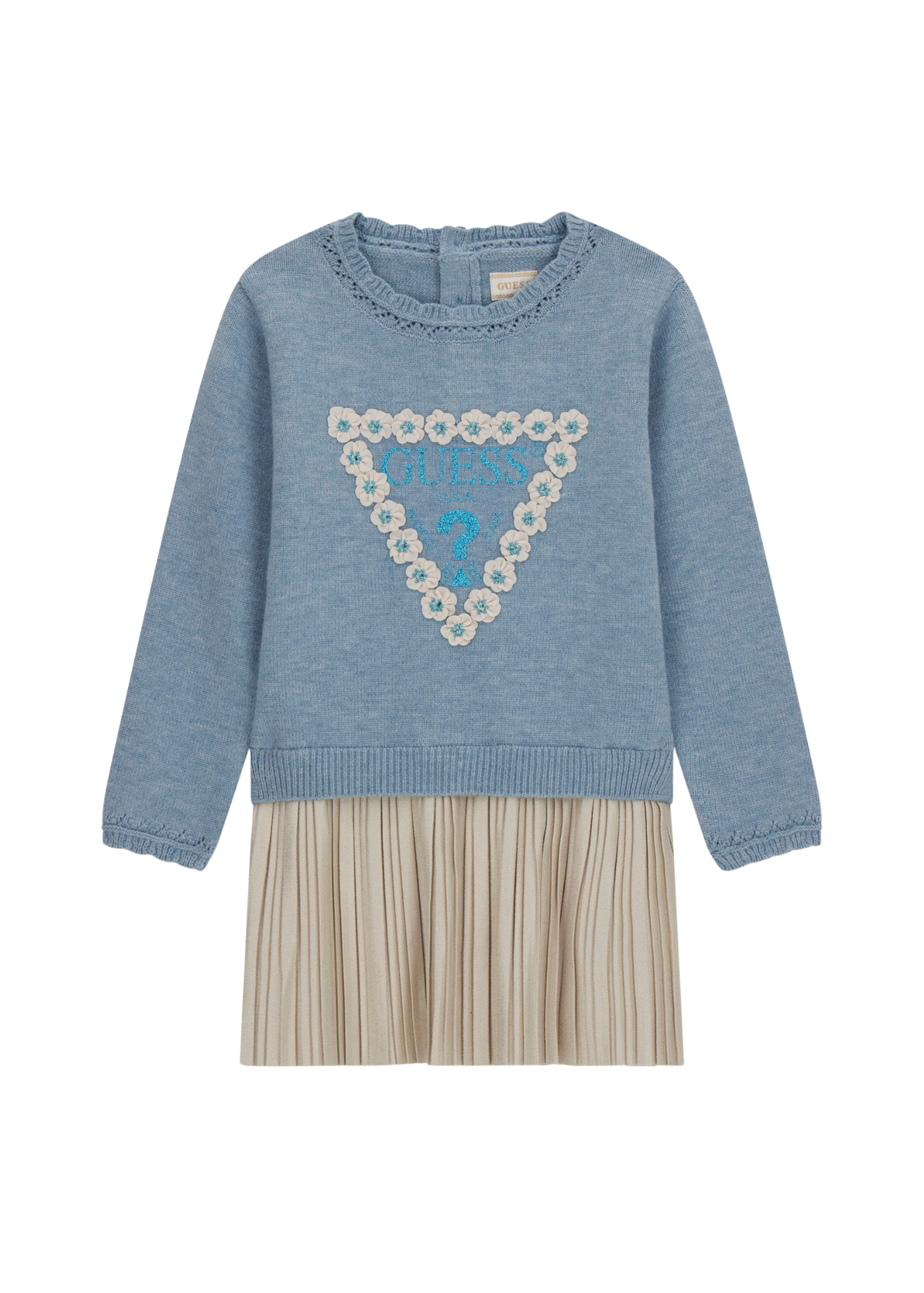 Rochie Tricotata Bleu cu Maneca Lunga si Pliseuri Bej K5YK08 Z3OS0 F7TG Guess