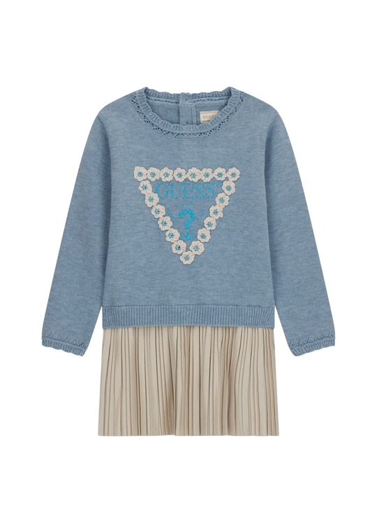 Rochie Tricotata Bleu cu Maneca Lunga si Pliseuri Bej K5YK08 Z3OS0 F7TG Guess