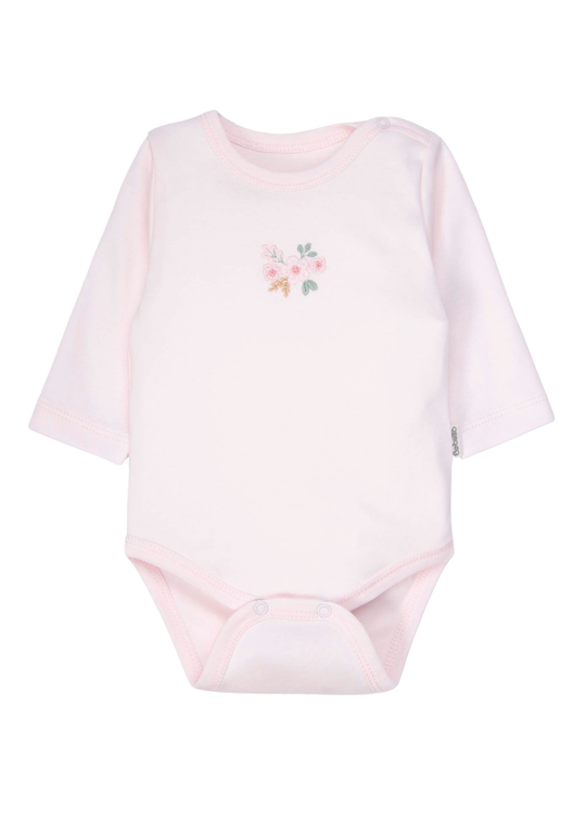 Body cu Maneca Lunga din Bumbac cu Broderie Florala Roz pentru Fetite T4332 – Bebetto
