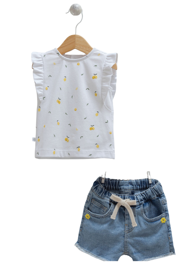 Set 2 Piese Top Crem cu Lamai si Pantaloni Denim scurti 9818 Mell Sweet Baby - Camera Bebelusului