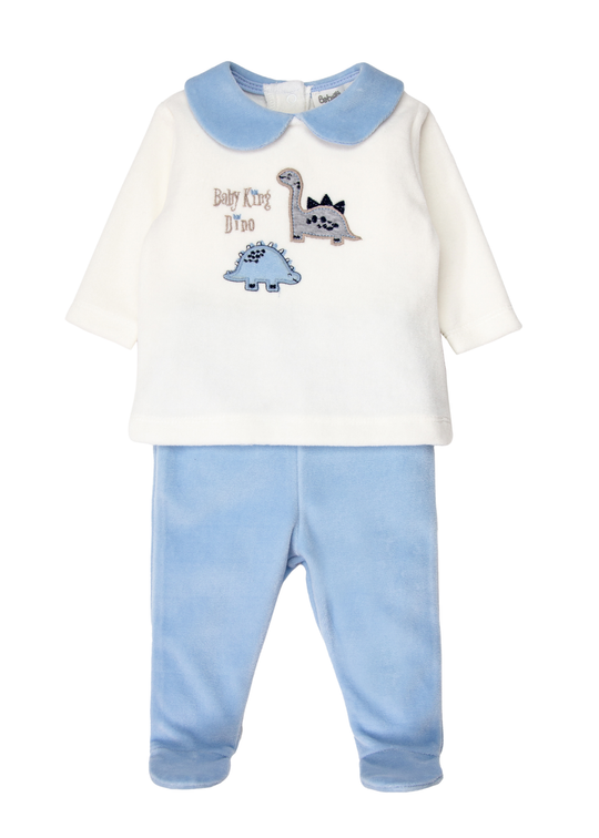 Set de 2 Piese din Catifea, cu Bluza Brodata cu Dinozauri si Pantaloni cu Botosei, pentru Baieti K5479 – Bebetto