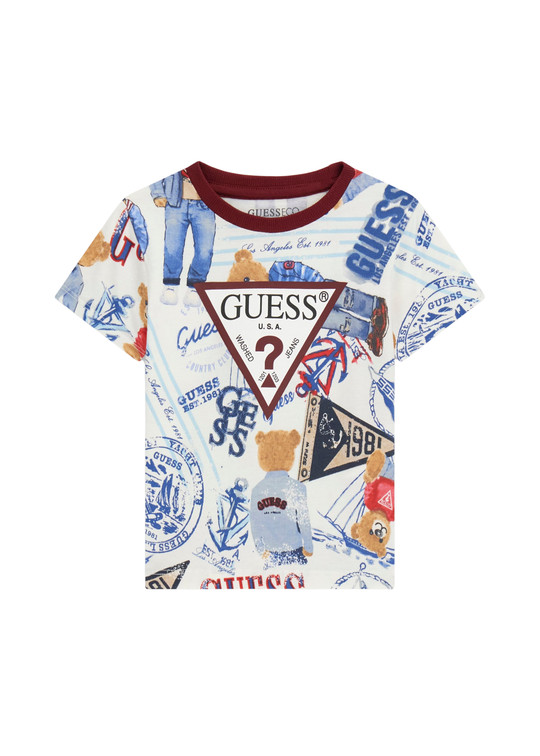 Tricou cu Maneca Scurta Alb cu Grena Imprimeu Ursi N6RI04 K8HM4 P7HZ Guess