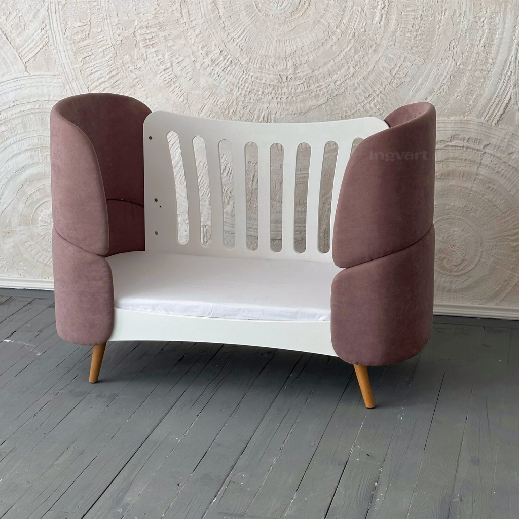 Premium Oval Convertible Crib 6 in 1 Fly White with Padded Velvet Headboards Ingvart 