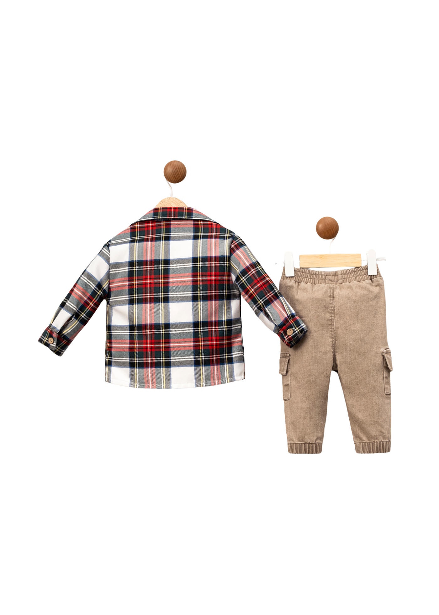 Set 3 Piese Camasa Carouri Rosii Bluza Crem cu Urs si Pantaloni Lungi Bej 3594 Mino Baby