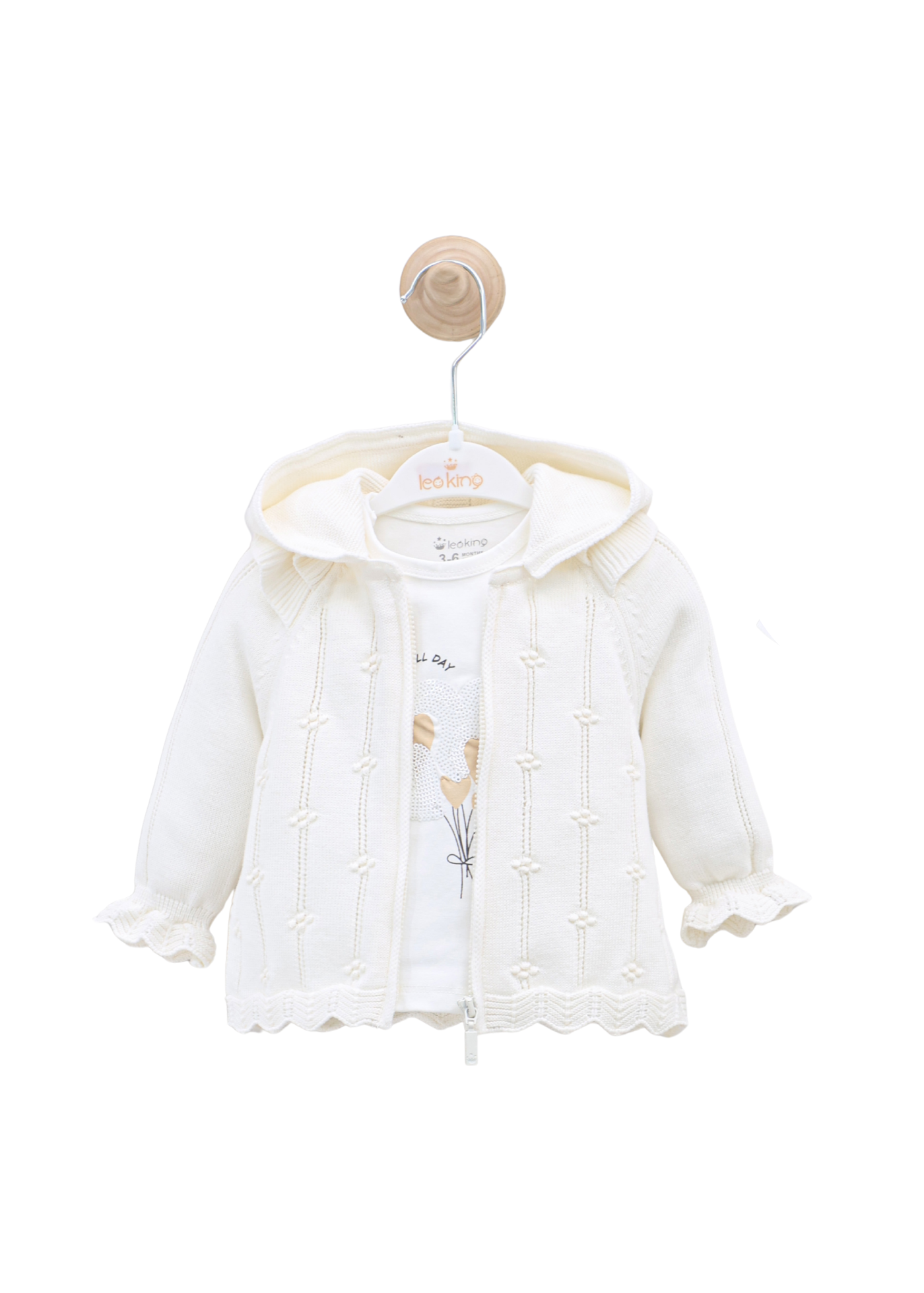 Set 3 Piese Tricotat Hanorac si Pantaloni Lungi Alb si Bluza Bumbac cu Paiete 8016 Leo King