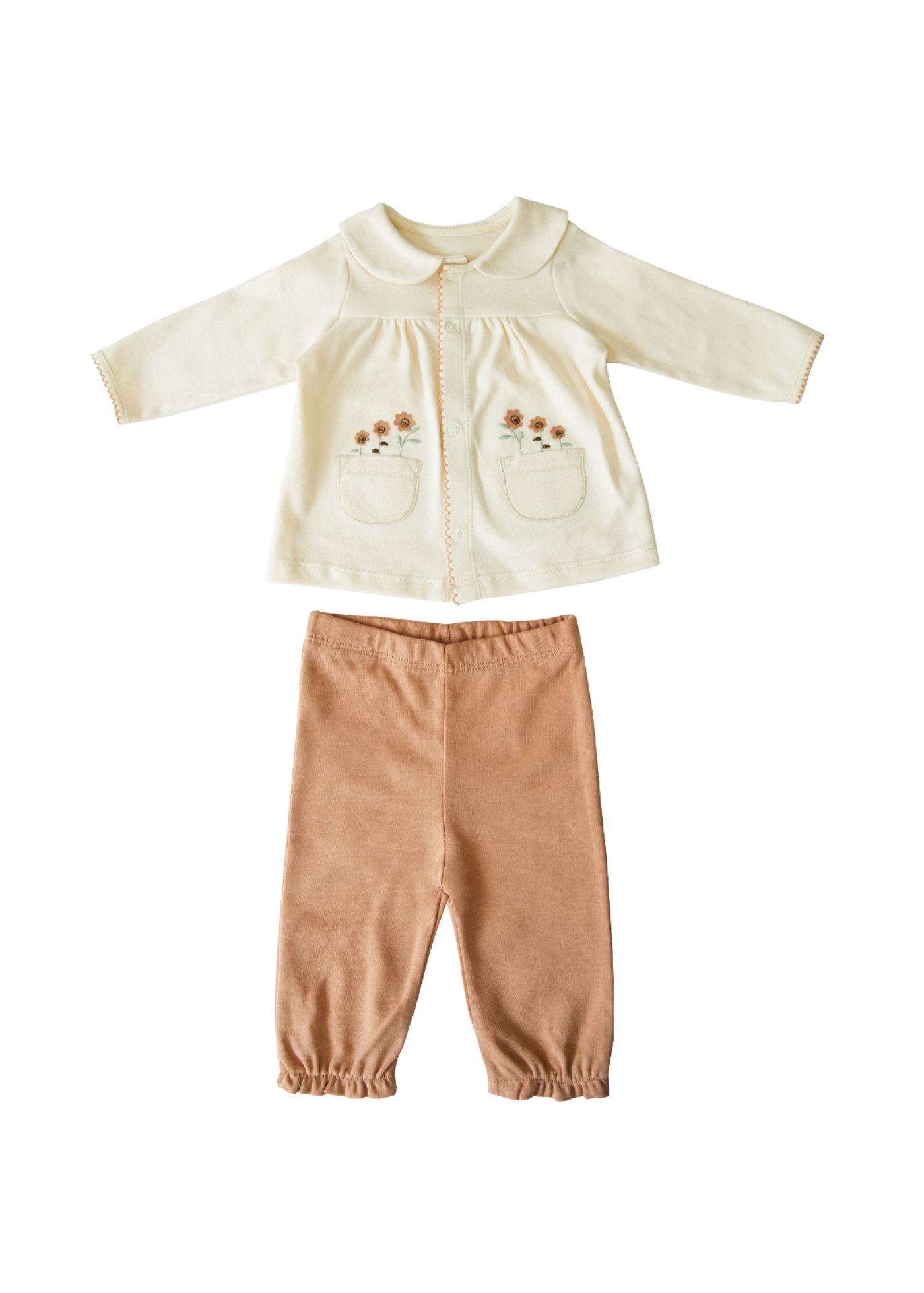 Set 2 Piese Bumbac Organic Crem cu Bej cu Flori Brodate la Buzunar S08568 Kitikate